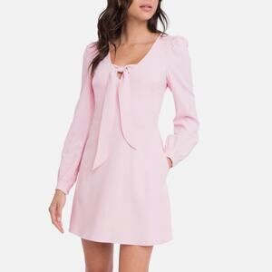 Black Halo Ellen Mini Dress Pink Bow Tie Puff Sleeve Preppy Coquette 8 $375